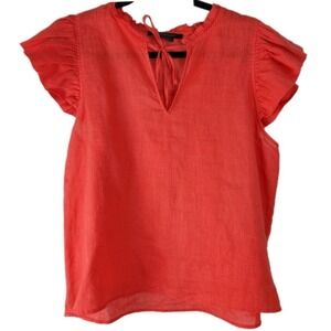 Marc New York Linen Top Shirt Orange Coral Pink M Ruffle Sleeve Resortwear Boho